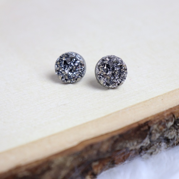 Handmade Jewelry - Metallic Gunmetal Faux Druzy Stud Earrings - 12mm